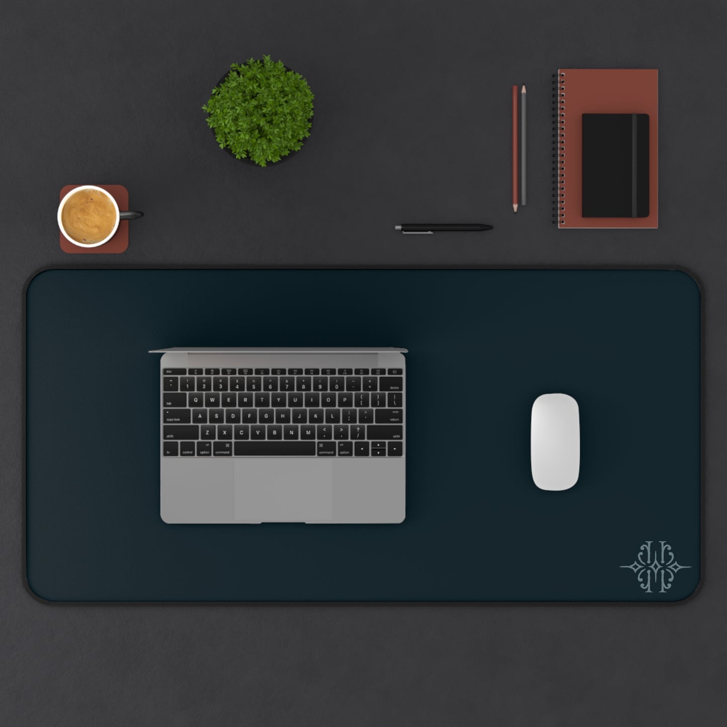 Minimal Dark Desk Mat — Large Ergonomic Mouse Pad with Subtle Monogram