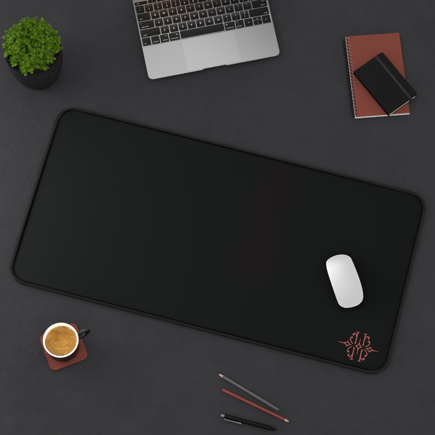 Black Desk Mat with Minimal Rose Gold Monogram — Sleek Office Mouse Pad