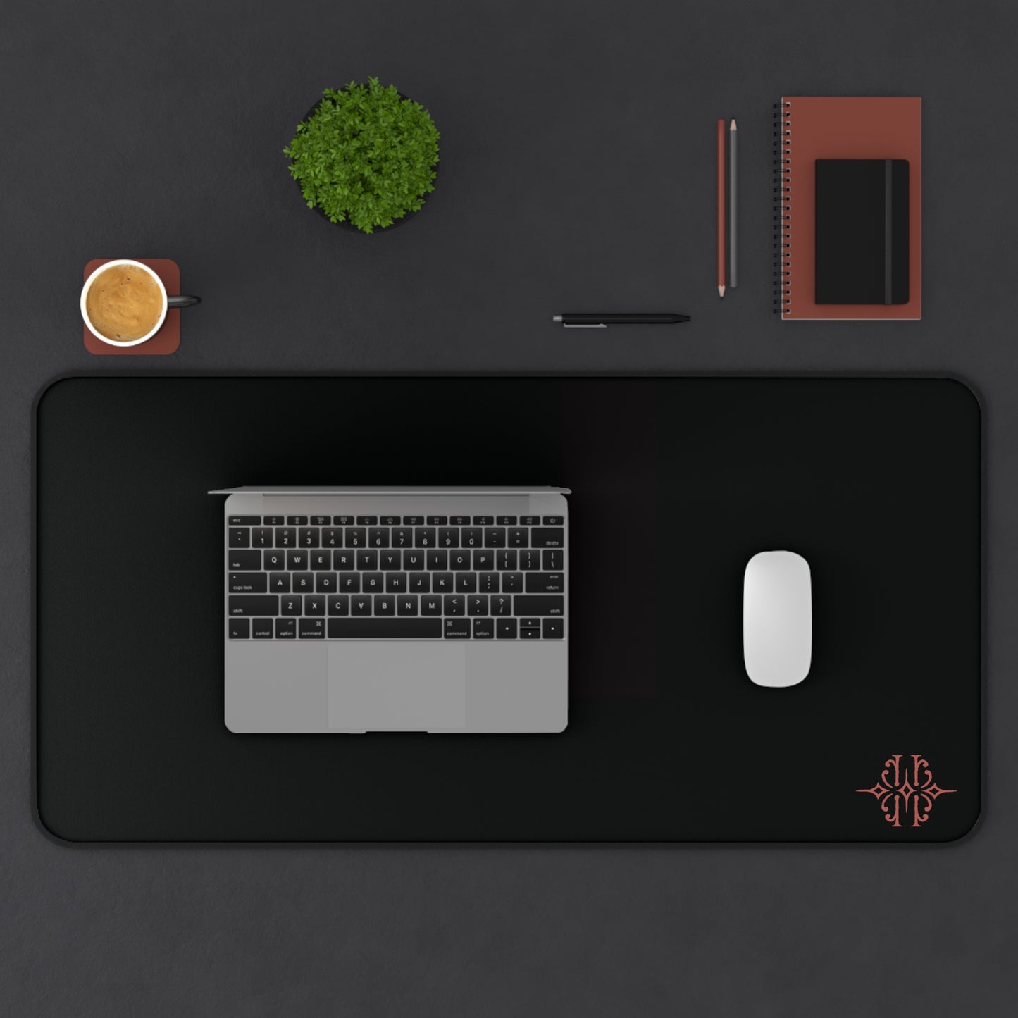 Black Desk Mat with Minimal Rose Gold Monogram — Sleek Office Mouse Pad