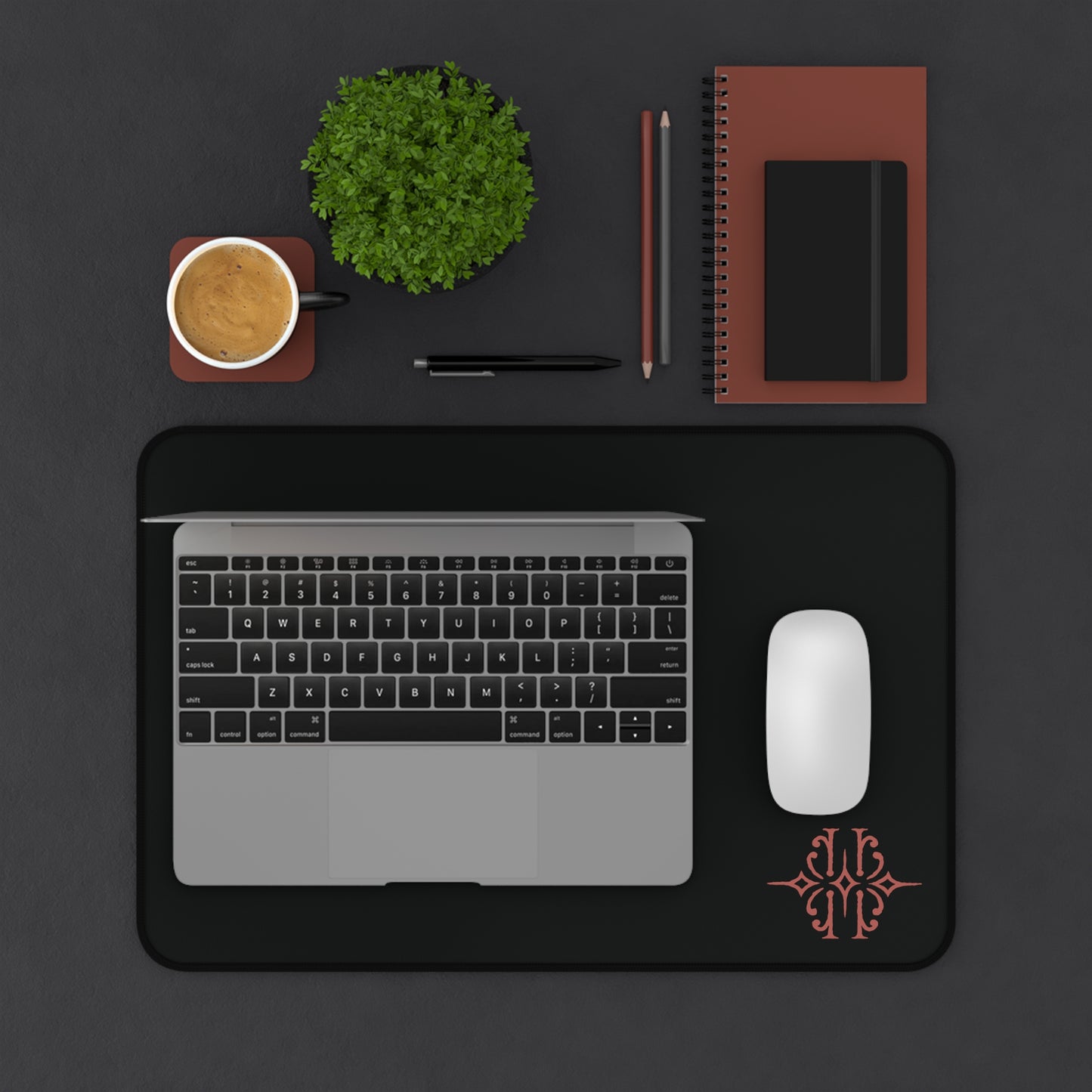 Black Desk Mat with Minimal Rose Gold Monogram — Sleek Office Mouse Pad