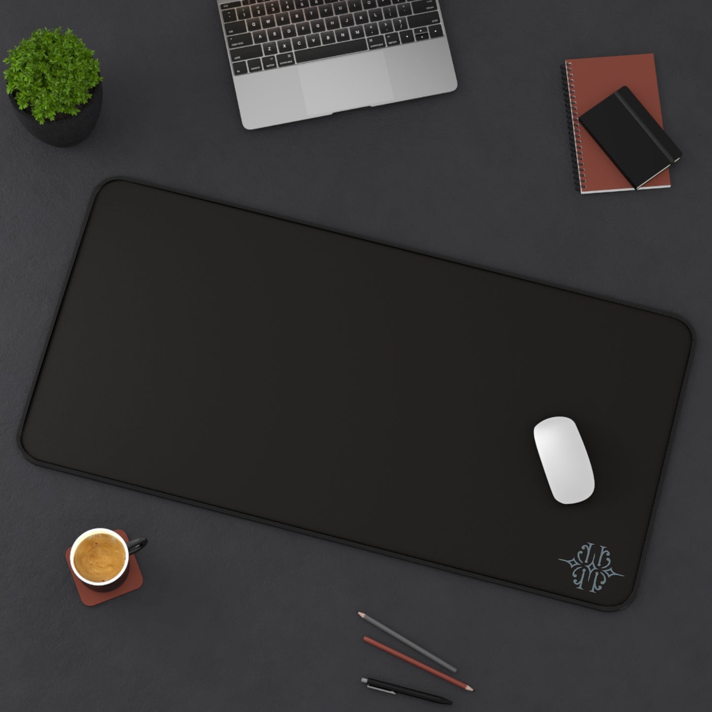 Black Desk Mat with Subtle Monogram Accent – Minimalist Office Mouse Pad
