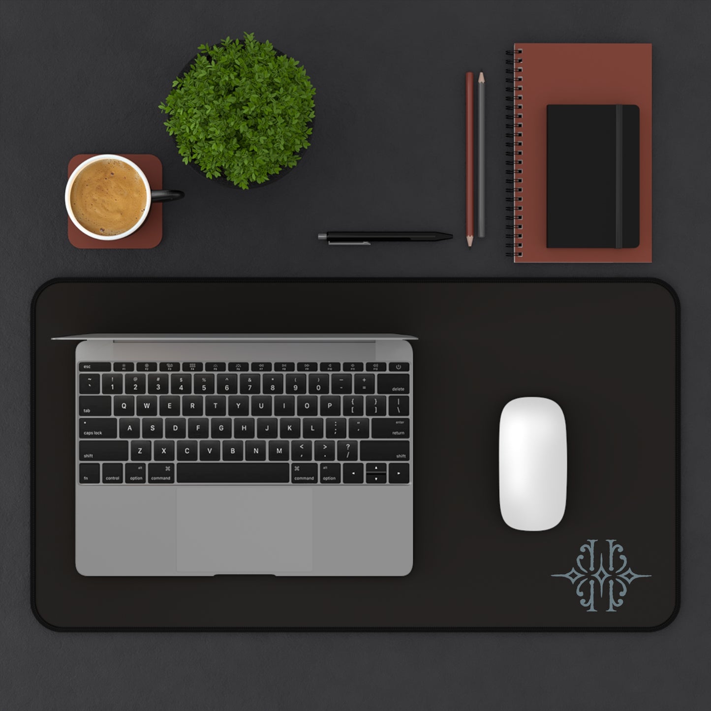 Black Desk Mat with Subtle Monogram Accent – Minimalist Office Mouse Pad