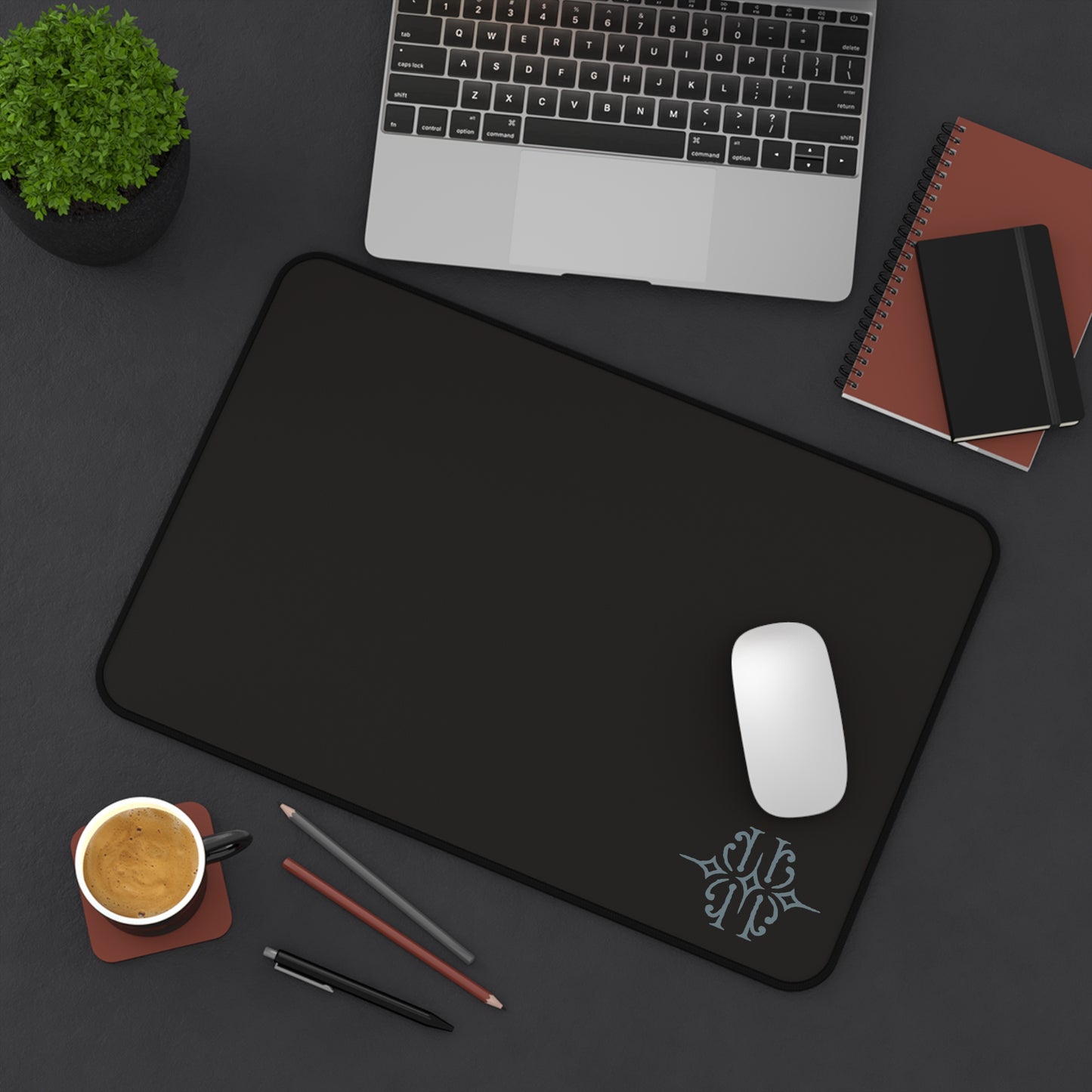 Black Desk Mat with Subtle Monogram Accent – Minimalist Office Mouse Pad