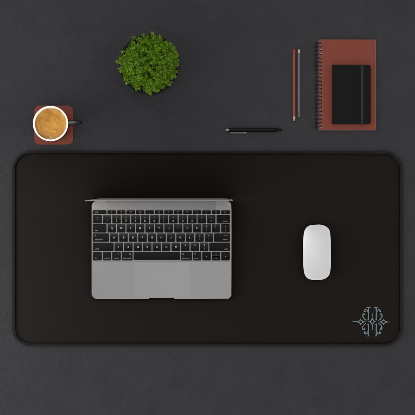 Black Desk Mat with Subtle Monogram Accent – Minimalist Office Mouse Pad