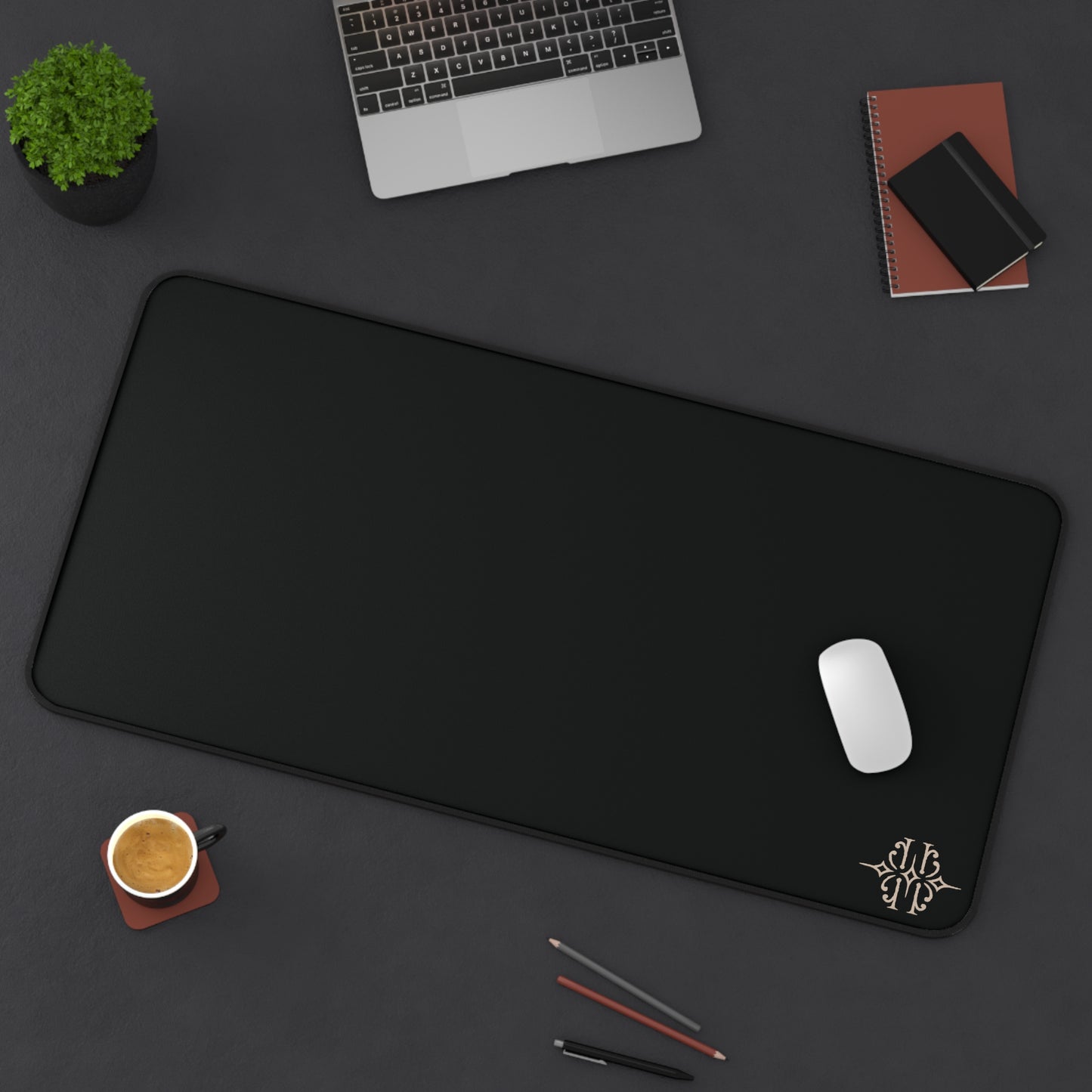Black Leatherette Desk Mat with Monogram Accent — Elegant Office Desk Pad