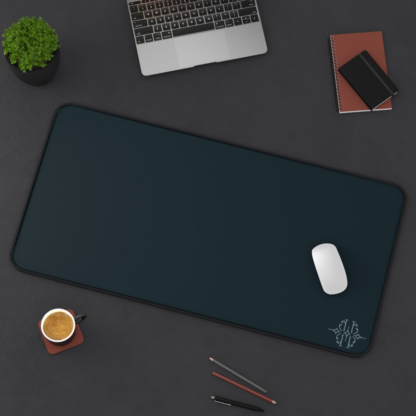 Minimal Dark Desk Mat — Large Ergonomic Mouse Pad with Subtle Monogram