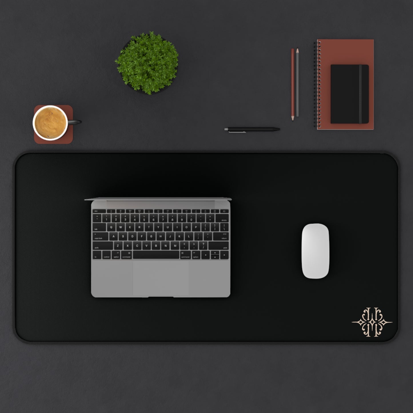 Black Leatherette Desk Mat with Monogram Accent — Elegant Office Desk Pad