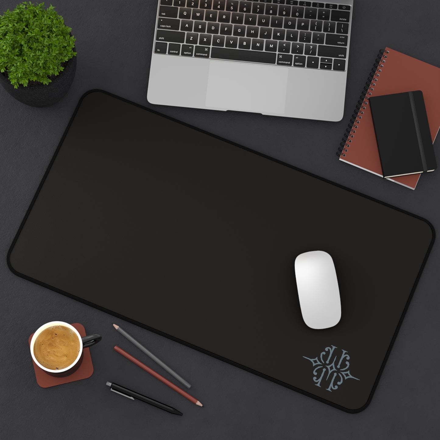 Black Desk Mat with Subtle Monogram Accent – Minimalist Office Mouse Pad