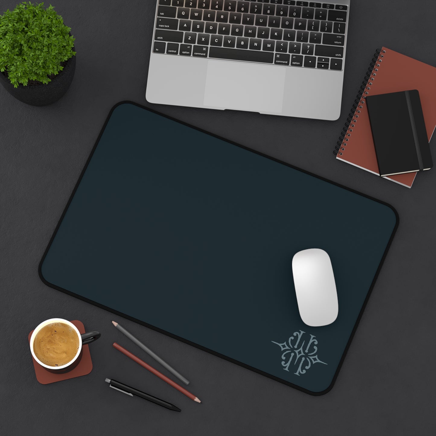 Minimal Dark Desk Mat — Large Ergonomic Mouse Pad with Subtle Monogram