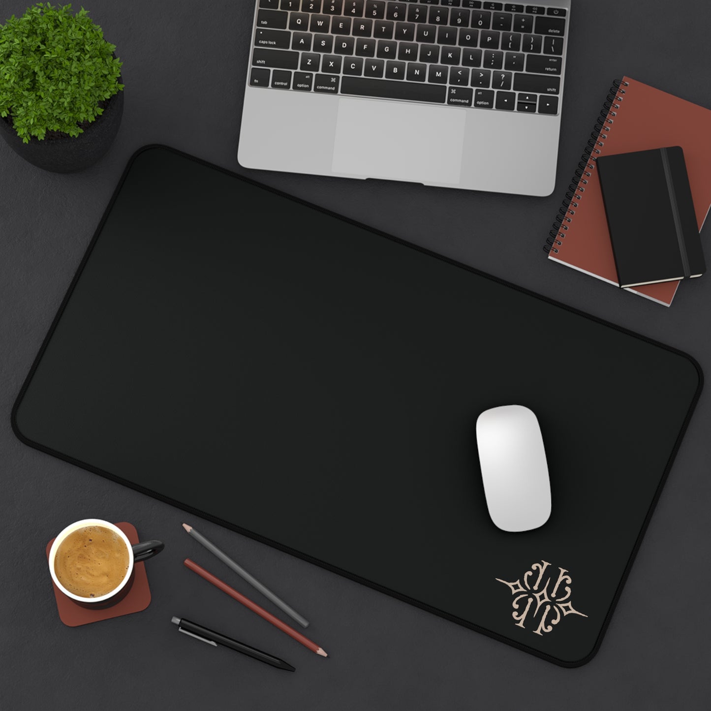 Black Leatherette Desk Mat with Monogram Accent — Elegant Office Desk Pad