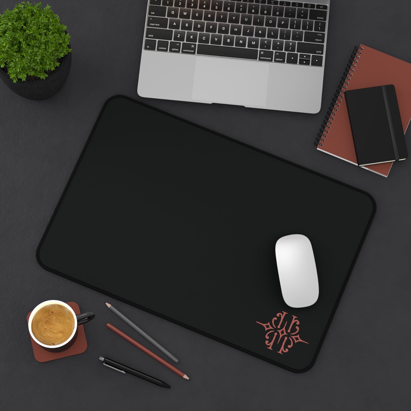 Black Desk Mat with Minimal Rose Gold Monogram — Sleek Office Mouse Pad