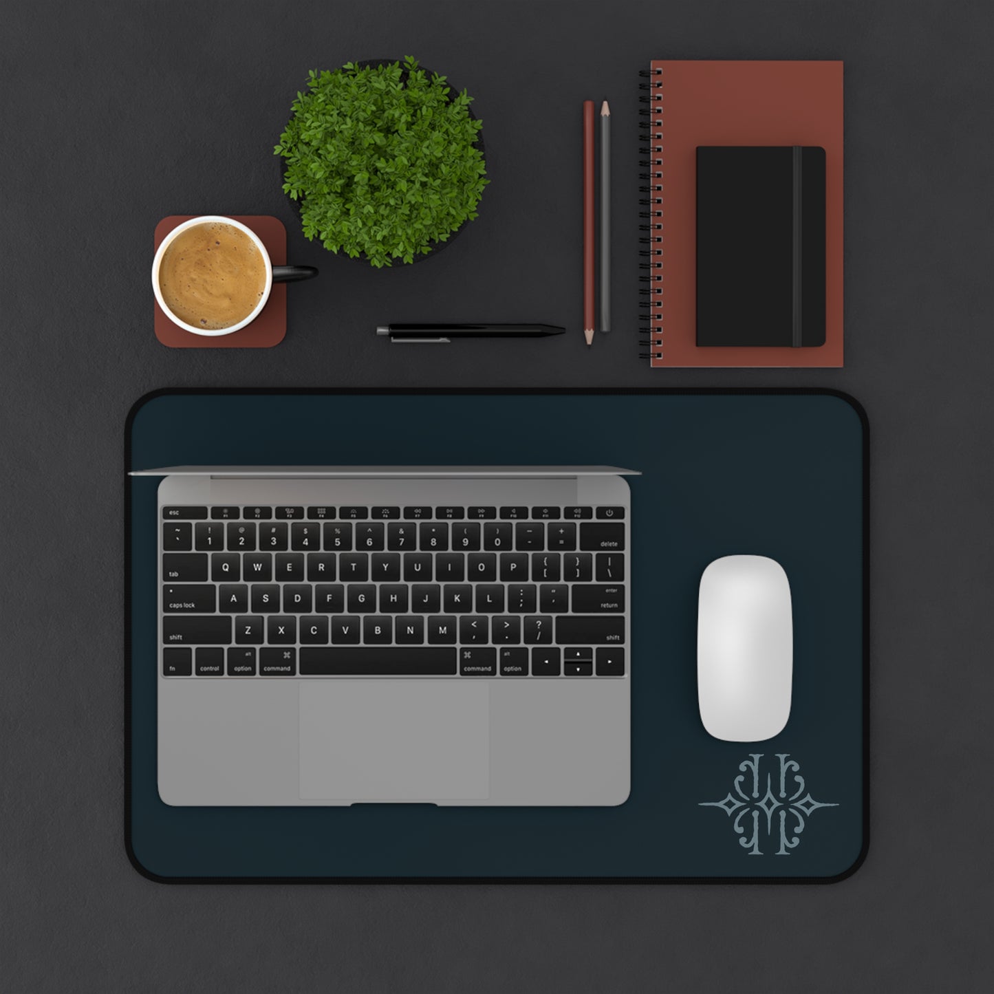 Minimal Dark Desk Mat — Large Ergonomic Mouse Pad with Subtle Monogram