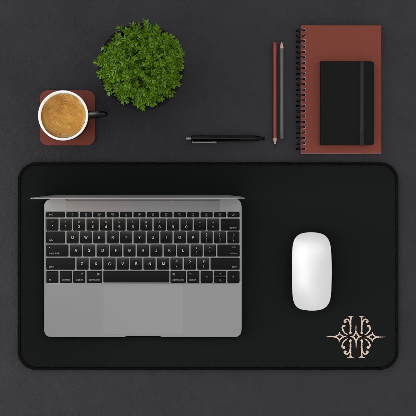 Black Leatherette Desk Mat with Monogram Accent — Elegant Office Desk Pad