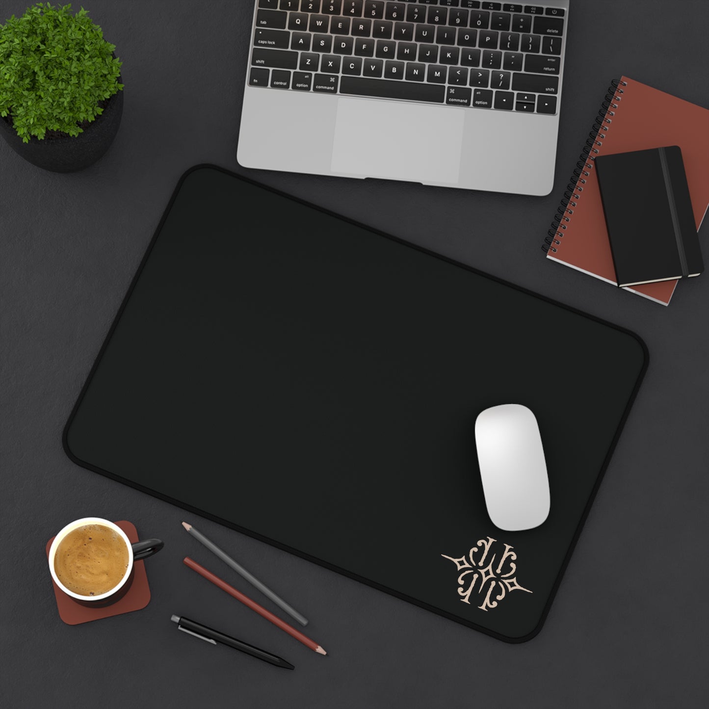Black Leatherette Desk Mat with Monogram Accent — Elegant Office Desk Pad