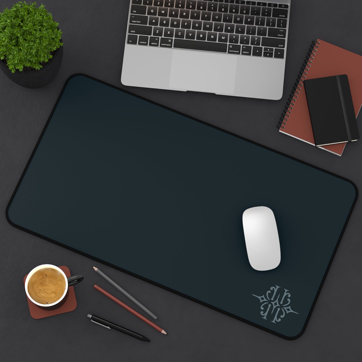 Minimal Dark Desk Mat — Large Ergonomic Mouse Pad with Subtle Monogram