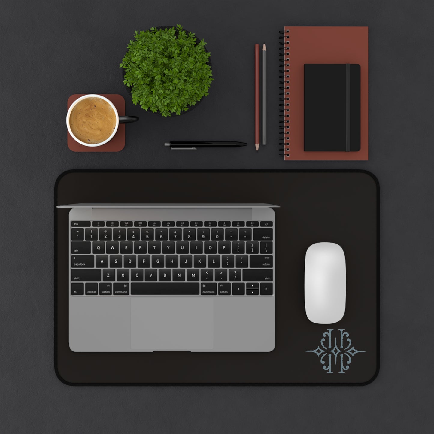 Black Desk Mat with Subtle Monogram Accent – Minimalist Office Mouse Pad